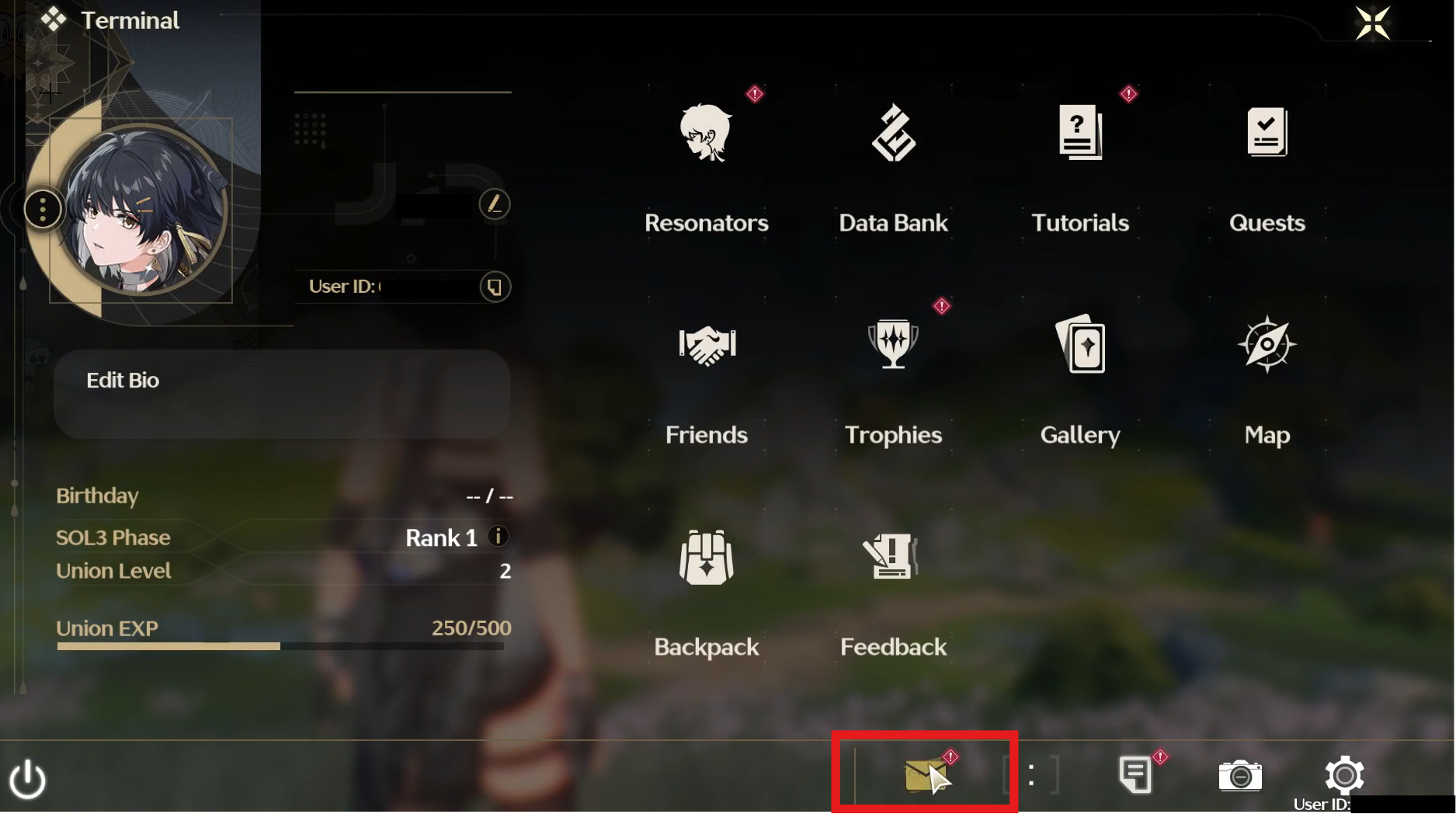 Depois de concluir o resgate na página “Redemption Code”, é preciso reivindicar a recompensa na sua Inbox para receber os itens no jogo. Volte ao menu principal e selecione o ícone de Inbox (envelope) na parte inferior da tela.