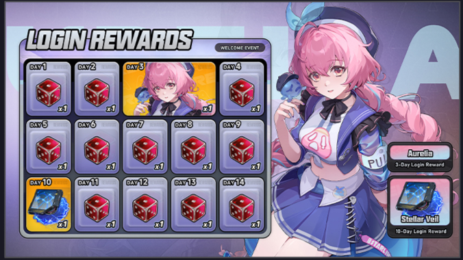Log in to receive login rewards: A-rank character Aurelia and S-rank Arc.