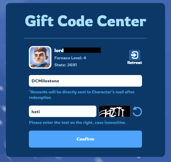 Depois, insira um dos gift codes da nossa tabela acima e clique em Confirm para finalizar.
