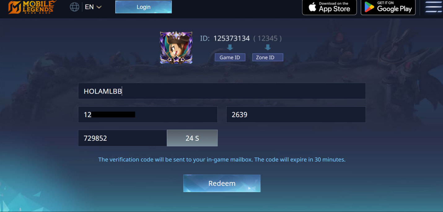 5. Abre el juego Mobile Legends de nuevo y copia el Código de Verificación (Verification Code) de tu Buzón dentro del juego y pégalo en la página de canje. Este código solo es válido por 30 minutos después de la verificación.