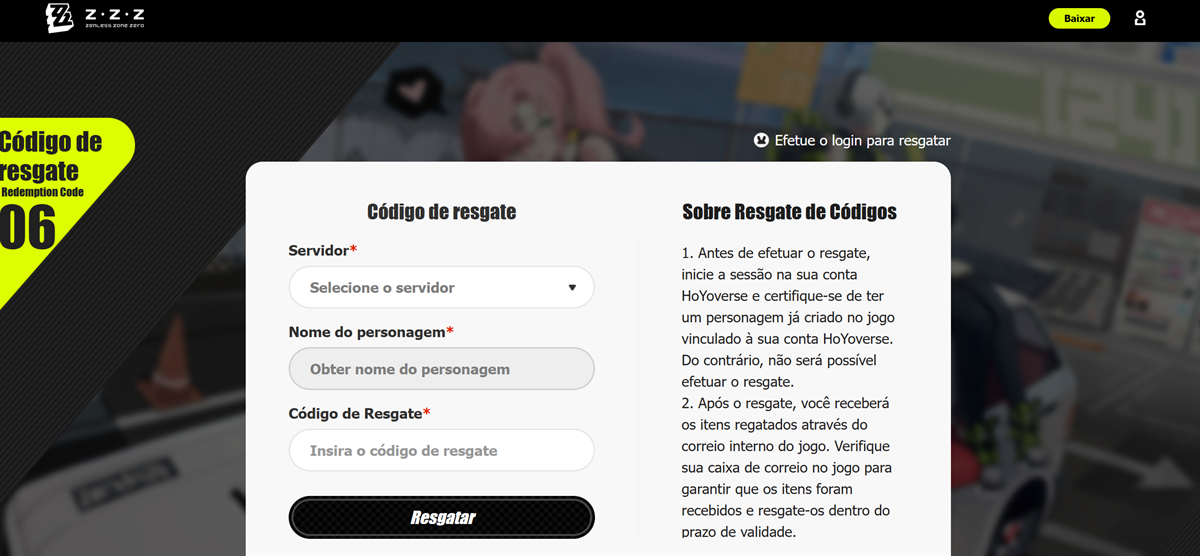 Tela da página de recompensa por código do Zenless Zone Zero