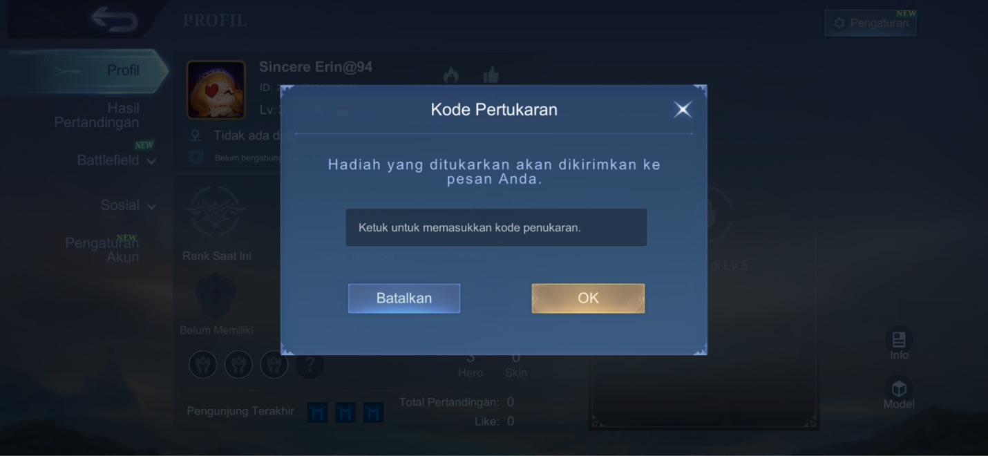 Ketik atau paste kode dari tabel di atas, lalu tekan “OK”.