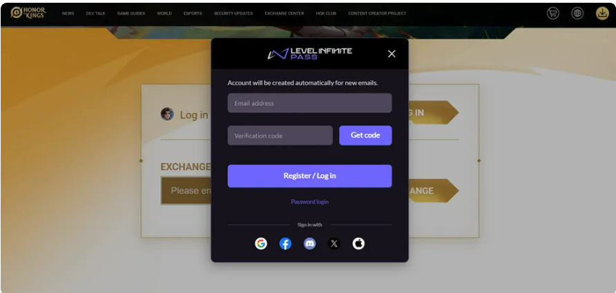  login de conta Honor of Kings no site de resgate de códigos