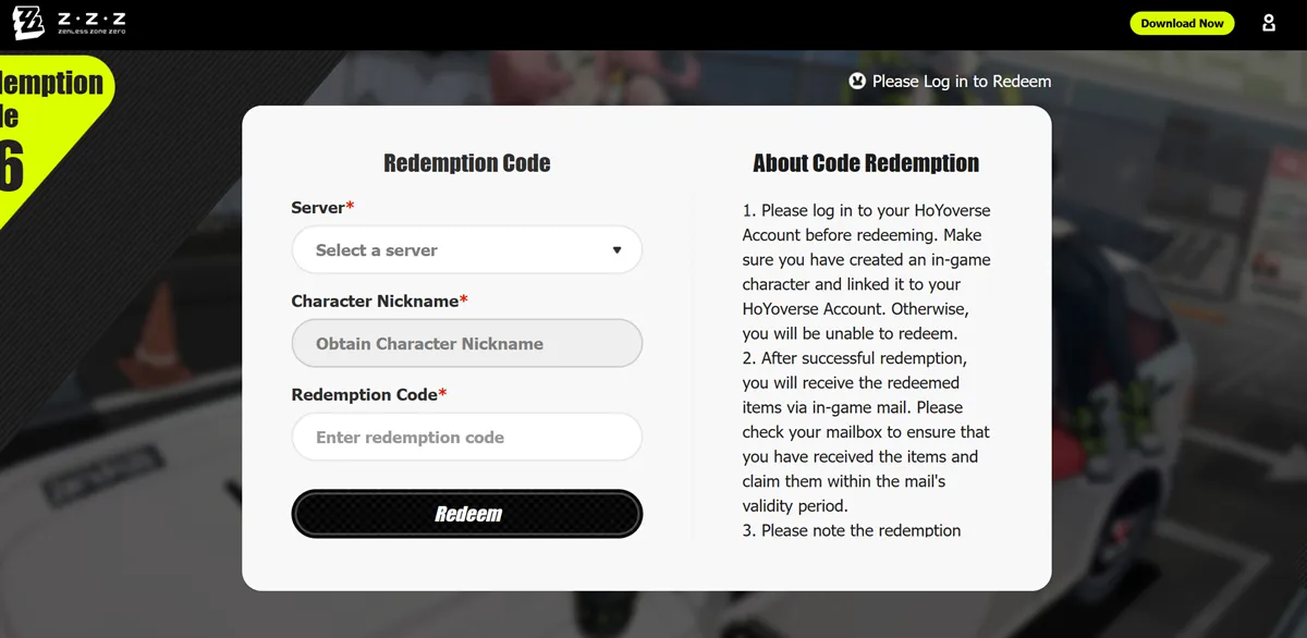 ثم أدخل اسم الشخصية، ورمز الاسترداد، واضغط على زر استرداد (Redeem).