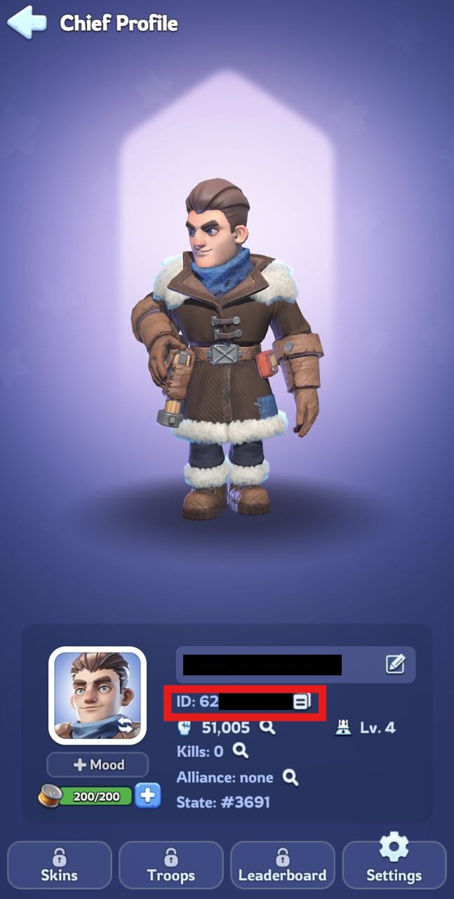 Aqui, você vai precisar copiar o seu Player ID. Depois, toque no botão de copy ao lado do ID ou anote o número para usar depois.