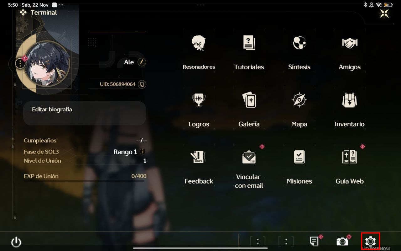 3. En la esquina inferior derecha de la pantalla, selecciona el icono «Engranaje» para abrir la configuración.