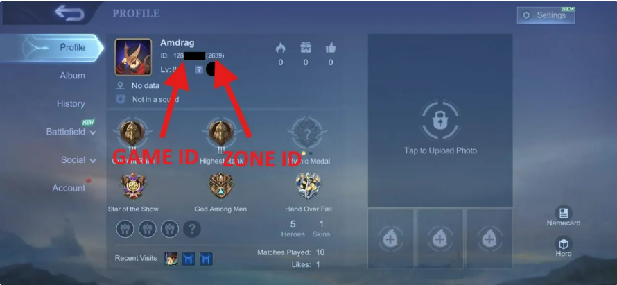 exemplo de Game ID e Zone ID no menu de perfil do Mobile Legends