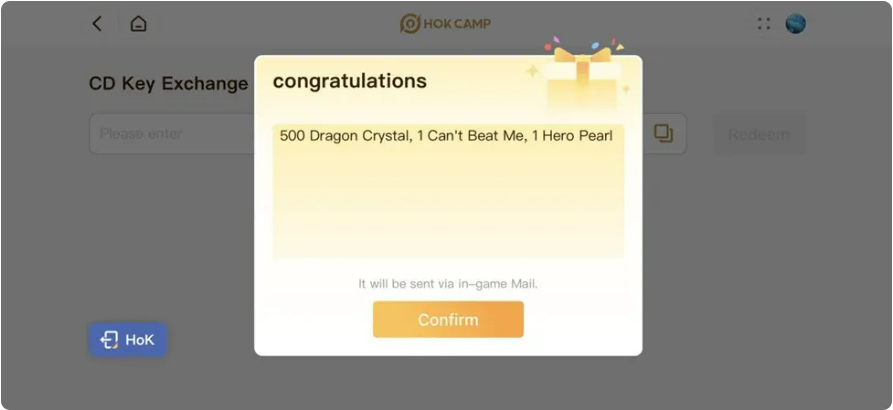 mensagem de sucesso ao resgatar código no Honor of Kings