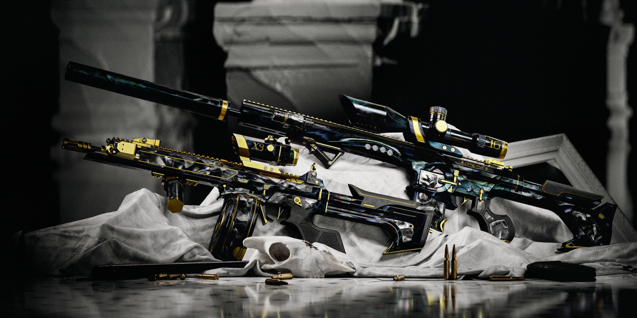 QBZ192 close-up detail panel showing obsidian texture and gold accents.