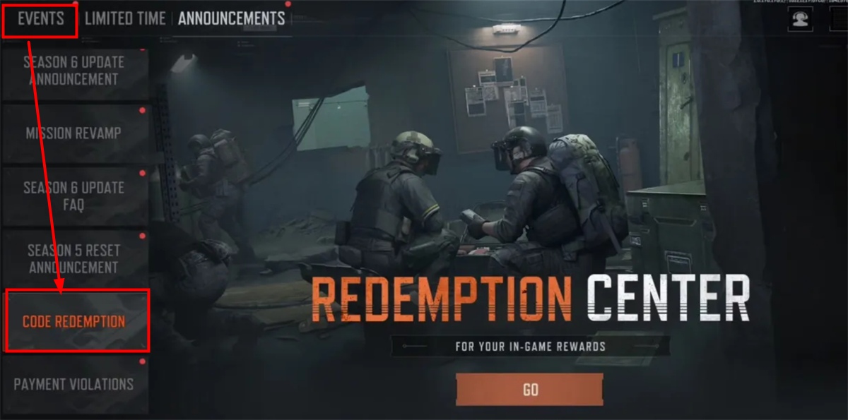 Menu do Arena Breakout mostrando como resgatar seus códigos Arena Breakout