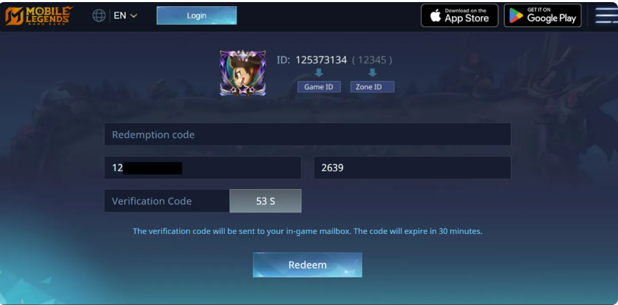 campo para enviar código de verificação na página de resgate de Mobile Legends