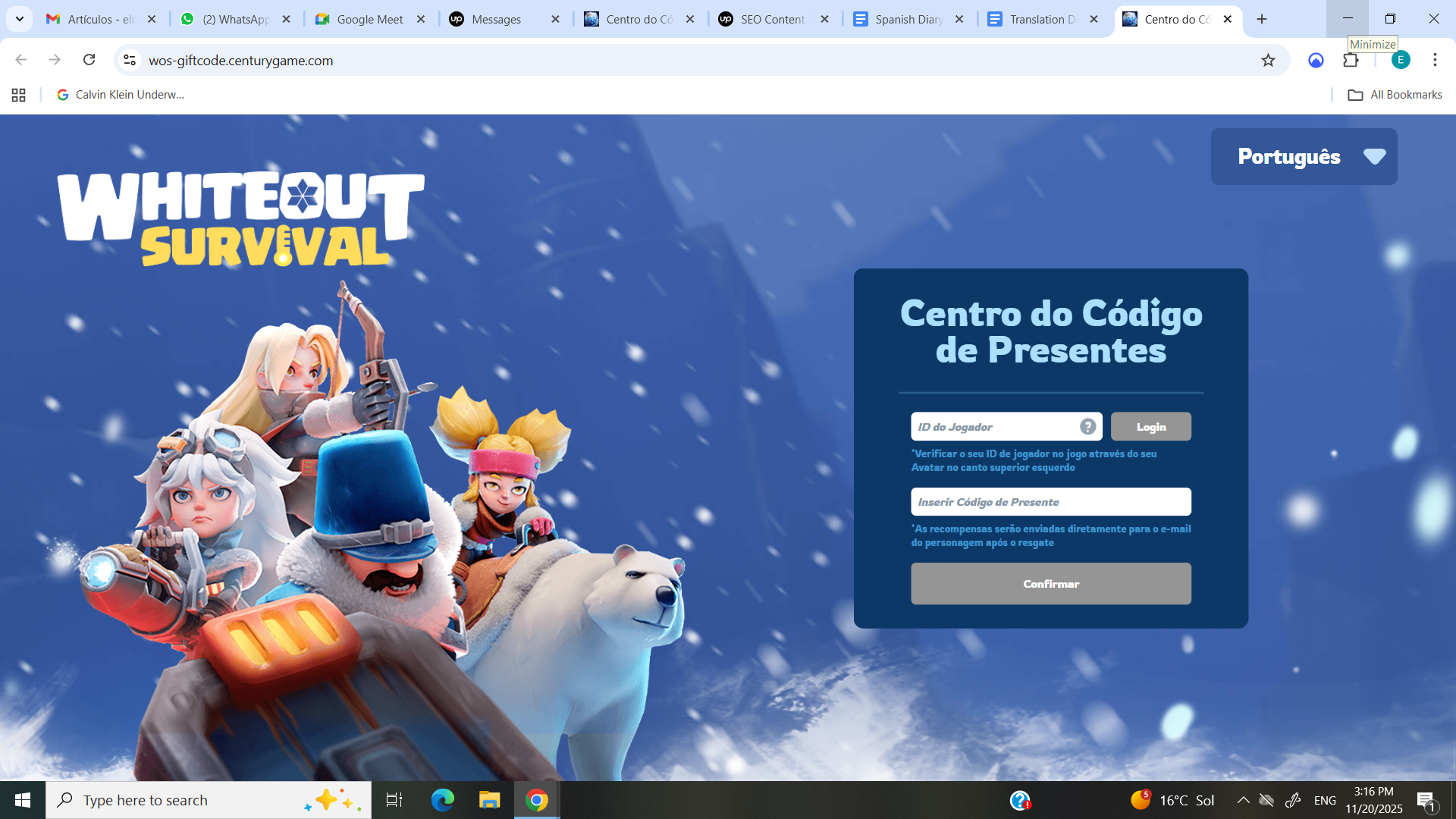 Acesse a página Gift Code Center do Whiteout Survival.
